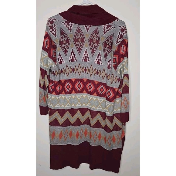 Allison Brittney Cardigan 1X Plus Red Longline Open Front Aztec Southwestern - Picture 2 of 9